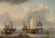 William Anderson A British warship, Dutch barges and other coastal craft on the Ijselmeer in a calm painting